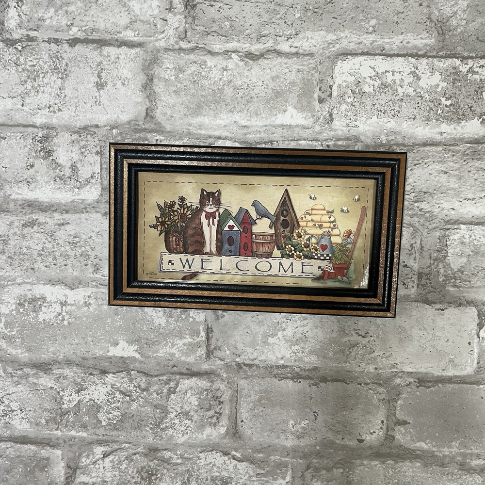 Vintage Primitive Country Folk Art Framed Welcome Cat Bees Garden Bird